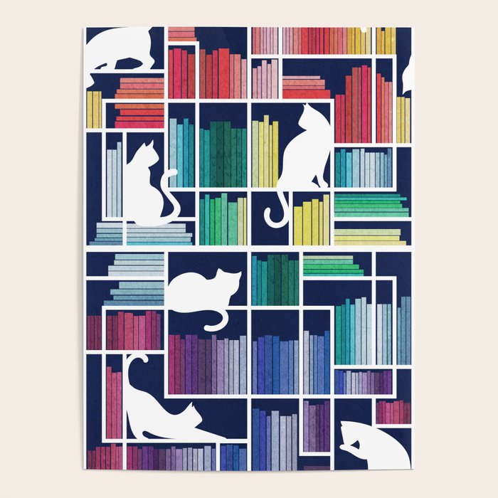 Rainbow bookshelf // navy blue background white shelf and library cats Poster Gallery Image 1