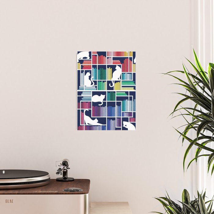 Rainbow bookshelf // navy blue background white shelf and library cats Poster Gallery Image 2