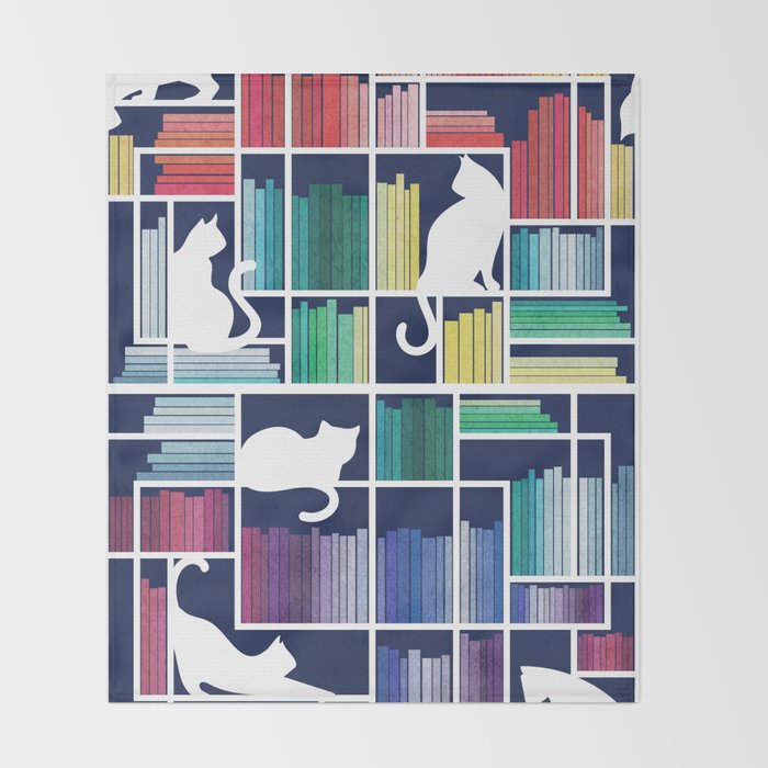 Rainbow bookshelf // navy blue background white shelf and library cats Throw Blanket Gallery Image 2