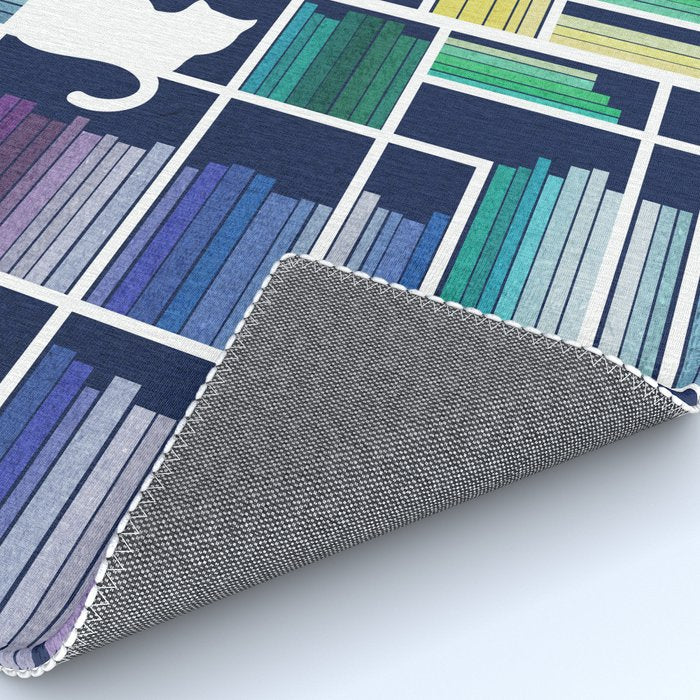 Rainbow bookshelf // navy blue background white shelf and library cats Rug Gallery Image 4