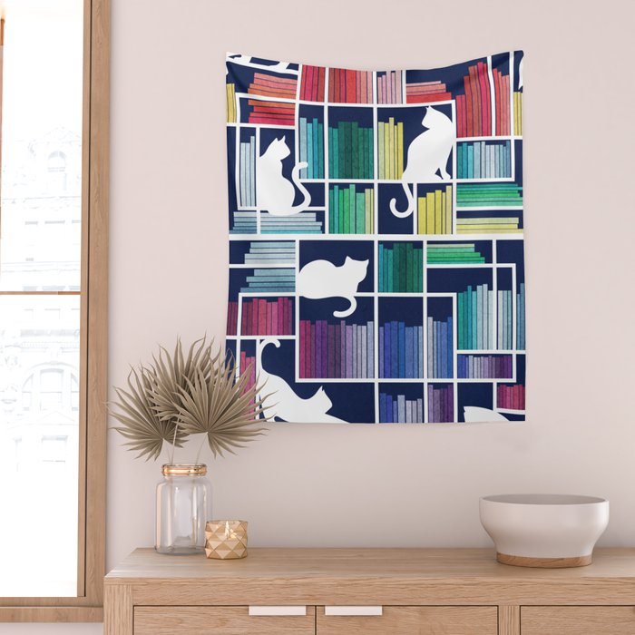 Rainbow bookshelf // navy blue background white shelf and library cats Wall Tapestry Gallery Image 2