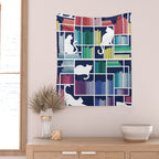 Rainbow bookshelf // navy blue background white shelf and library cats Wall Tapestry Gallery Image 2