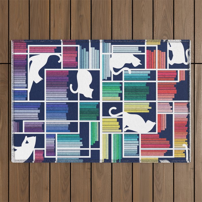 Rainbow bookshelf // navy blue background white shelf and library cats Outdoor Rug Gallery Image 1