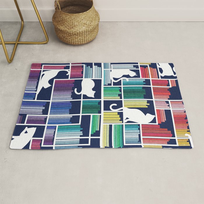 Rainbow bookshelf // navy blue background white shelf and library cats Rug Gallery Image 1