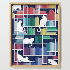 Rainbow bookshelf // navy blue background white shelf and library cats Serving Tray Gallery Image 1