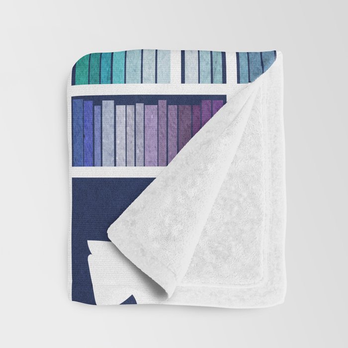 Rainbow bookshelf // navy blue background white shelf and library cats Throw Blanket Gallery Image 3