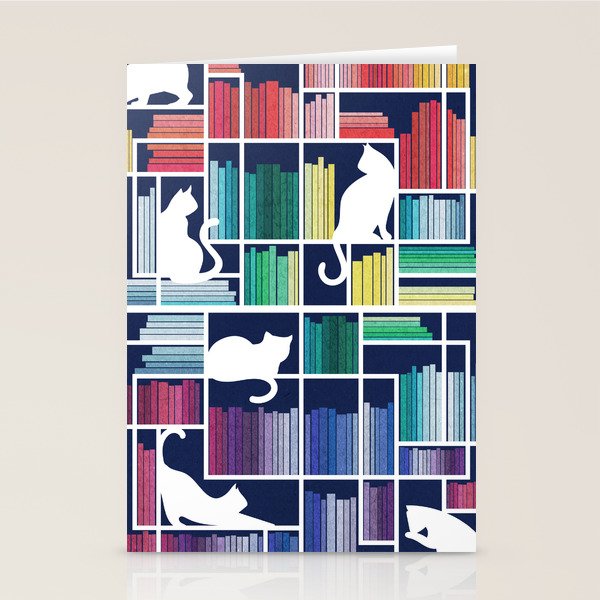 Rainbow bookshelf // navy blue background white shelf and library cats Stationery Card Gallery Image 2
