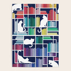 Rainbow bookshelf // navy blue background white shelf and library cats Poster Gallery Image 4