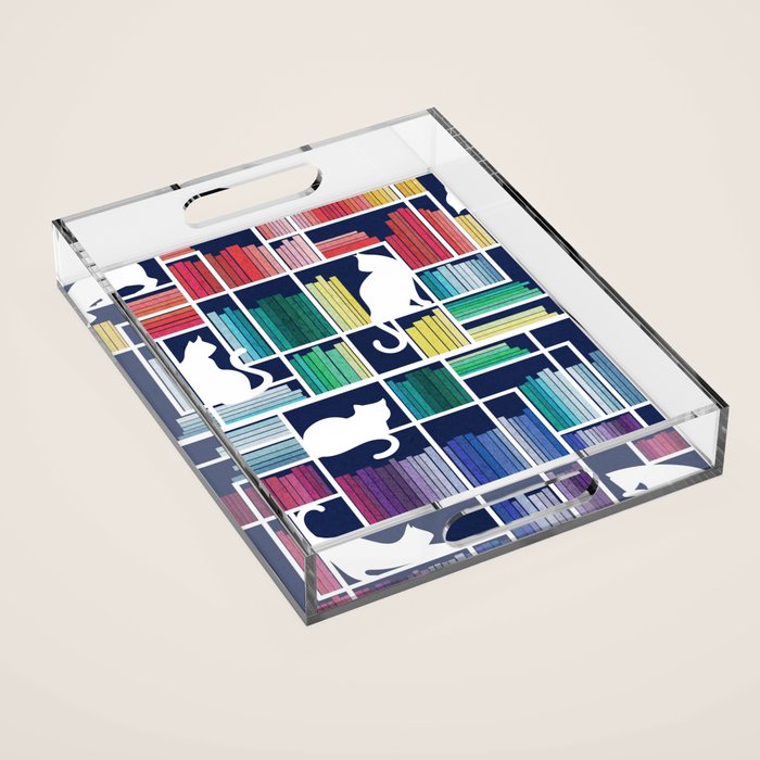 Rainbow bookshelf // navy blue background white shelf and library cats Acrylic Tray Gallery Image 1