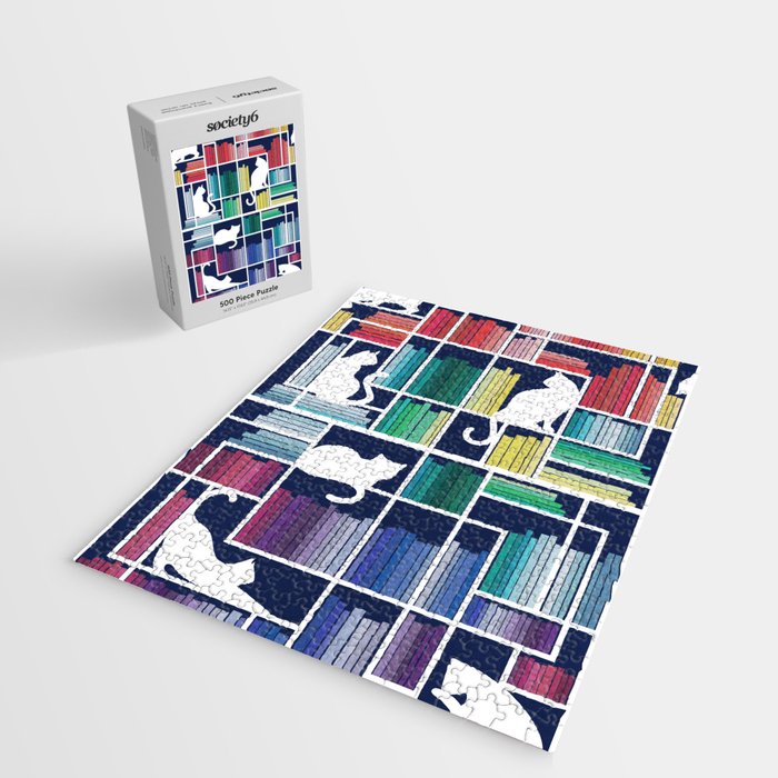 Rainbow bookshelf // navy blue background white shelf and library cats Jigsaw Puzzle Gallery Image 2