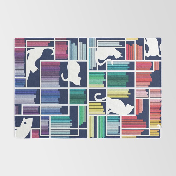Rainbow bookshelf // navy blue background white shelf and library cats Rug Gallery Image 2
