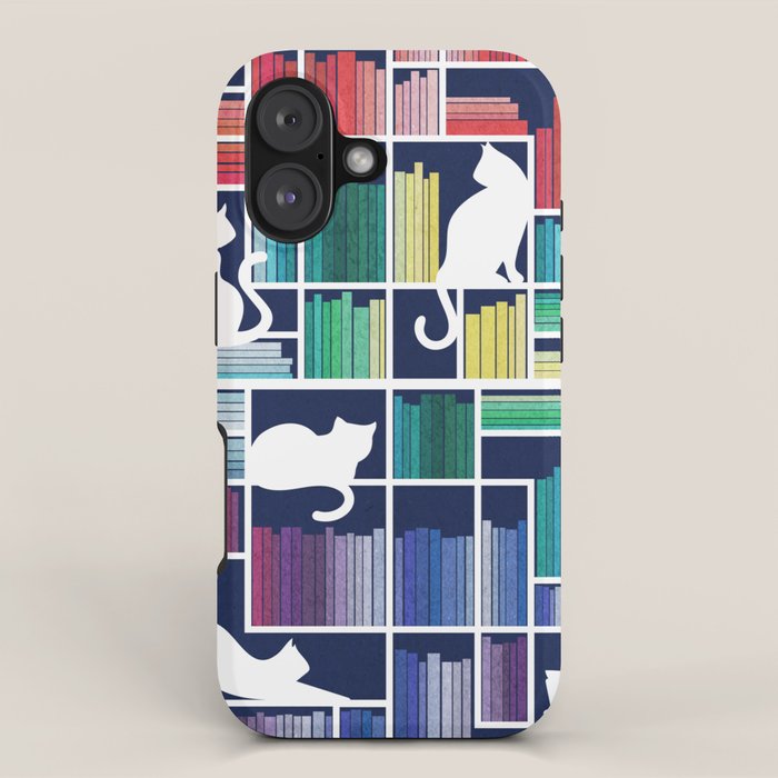 Rainbow bookshelf // navy blue background white shelf and library cats iPhone Case Gallery Image 1