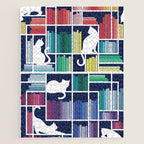 Rainbow bookshelf // navy blue background white shelf and library cats Jigsaw Puzzle Gallery Image 1