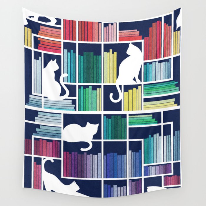 Rainbow bookshelf // navy blue background white shelf and library cats Wall Tapestry Gallery Image 4
