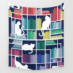 Rainbow bookshelf // navy blue background white shelf and library cats Wall Tapestry Gallery Image 4