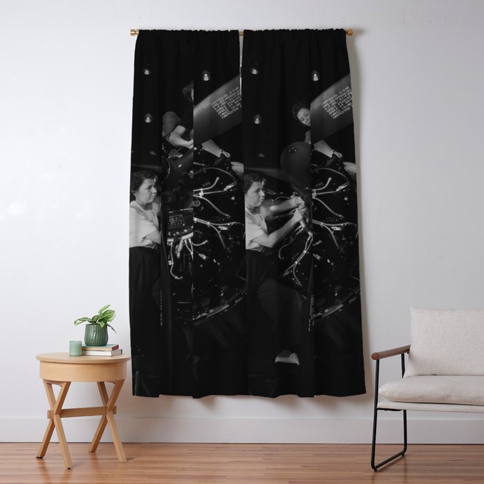WWII aircraft engine installation by female workers inspirational black and white photograph   Window Curtain Gallery Image 5