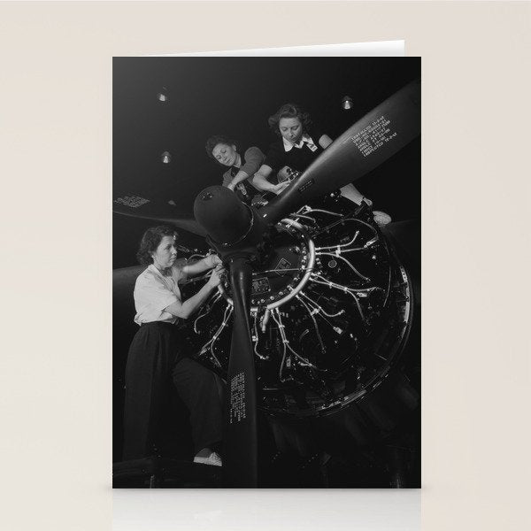 WWII aircraft engine installation by female workers inspirational black and white photograph   Stationery Card Gallery Image 2