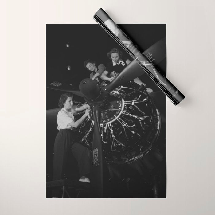 WWII aircraft engine installation by female workers inspirational black and white photograph   Wrapping Paper Gallery Image 1