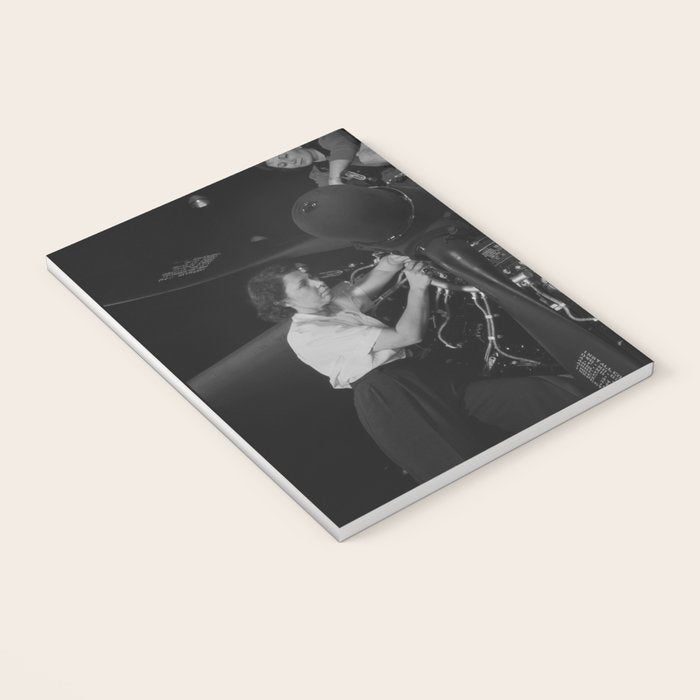 WWII aircraft engine installation by female workers inspirational black and white photograph   Notebook Gallery Image 3