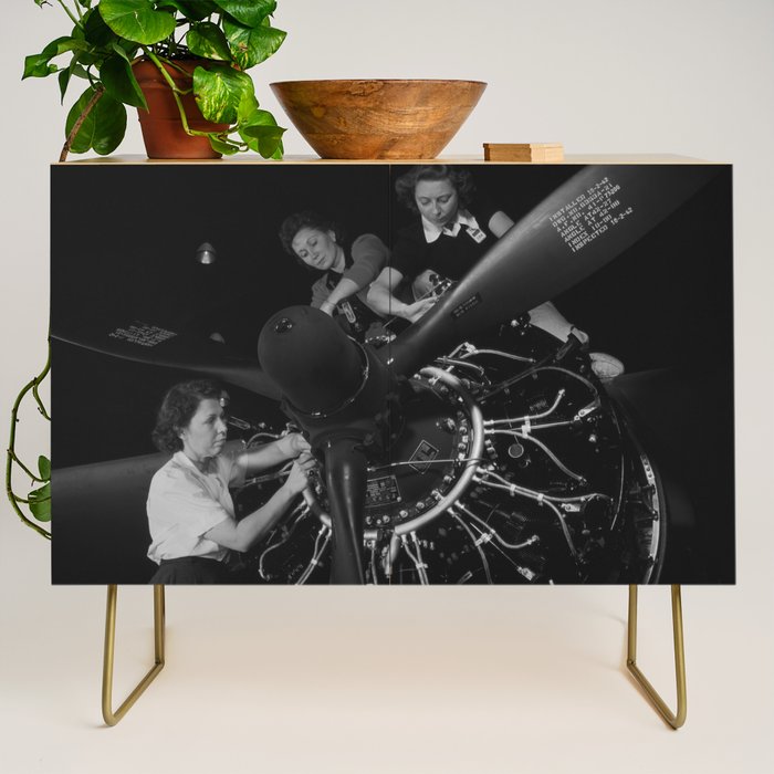 WWII aircraft engine installation by female workers inspirational black and white photograph   Credenza Gallery Image 1