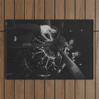 WWII aircraft engine installation by female workers inspirational black and white photograph   Outdoor Rug Gallery Image 1