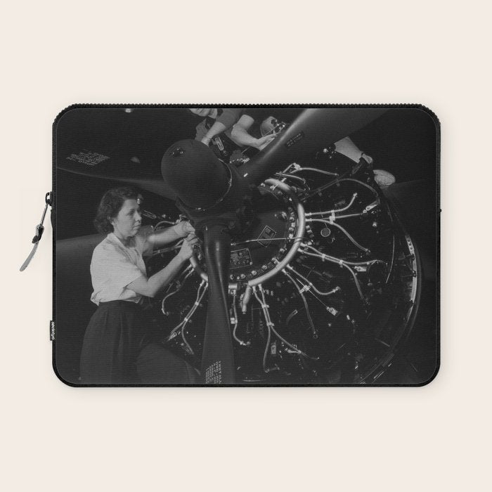 WWII aircraft engine installation by female workers inspirational black and white photograph   Laptop Sleeve Gallery Image 1