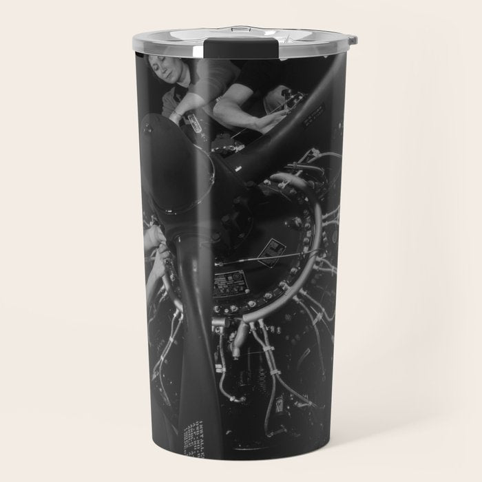 WWII aircraft engine installation by female workers inspirational black and white photograph   Travel Mug Gallery Image 1