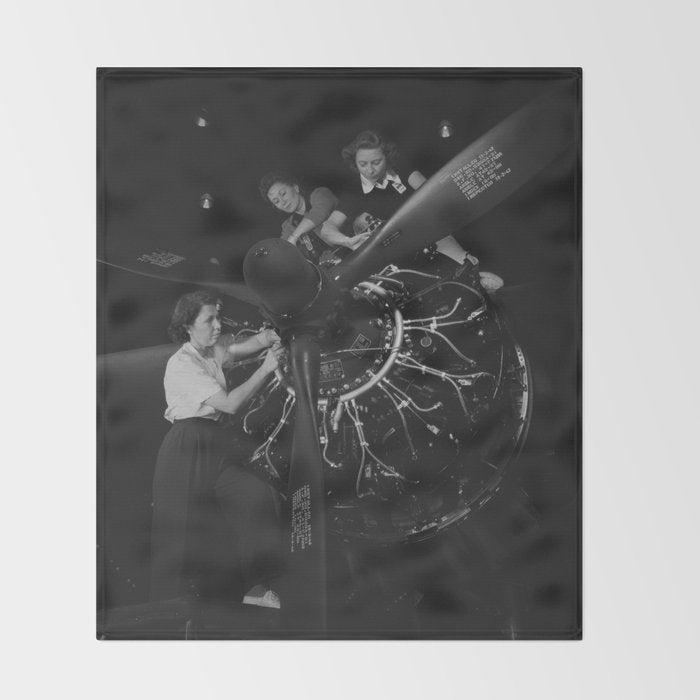 WWII aircraft engine installation by female workers inspirational black and white photograph   Throw Blanket Gallery Image 2