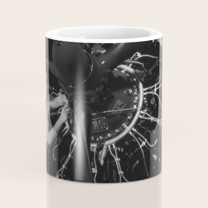 WWII aircraft engine installation by female workers inspirational black and white photograph   Coffee Mug Gallery Image 4