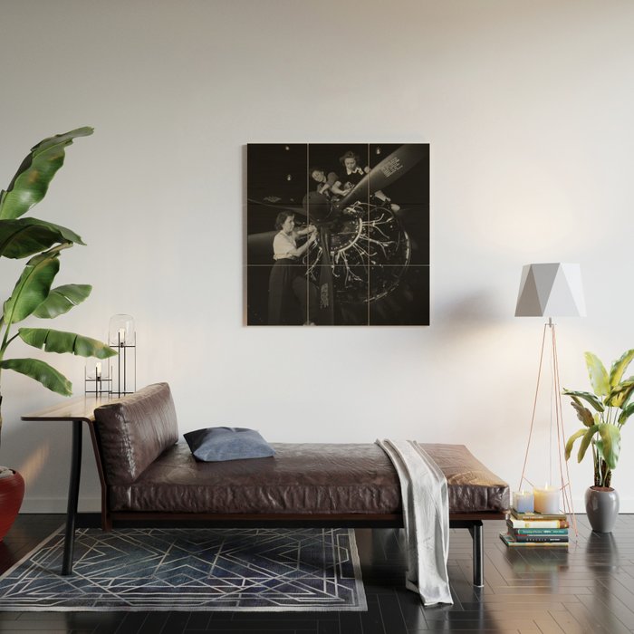WWII aircraft engine installation by female workers inspirational black and white photograph   Wood Wall Art Gallery Image 2
