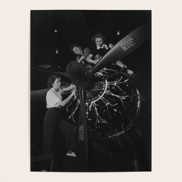 WWII aircraft engine installation by female workers inspirational black and white photograph   Poster Gallery Image 1