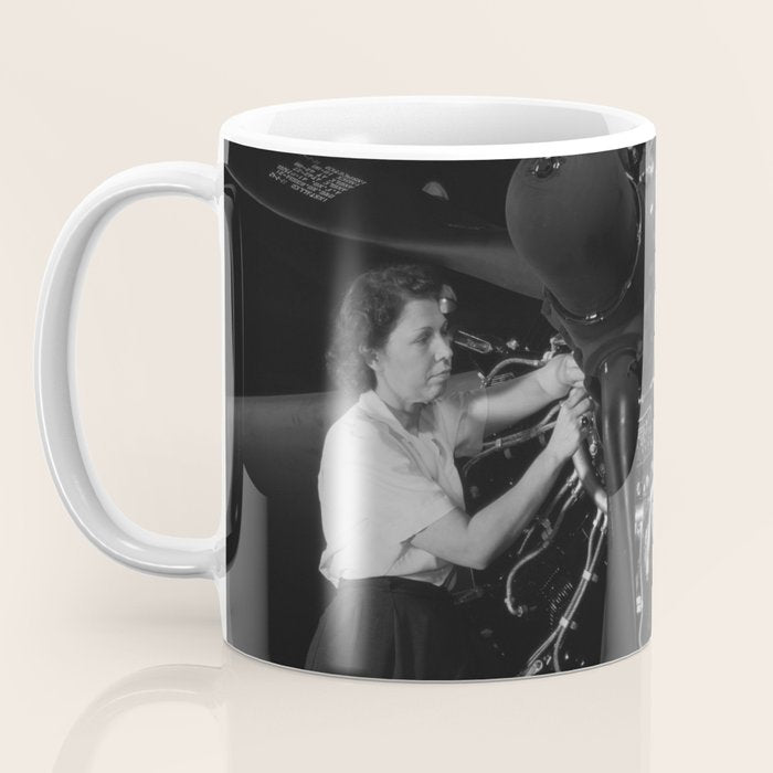 WWII aircraft engine installation by female workers inspirational black and white photograph   Coffee Mug Gallery Image 3