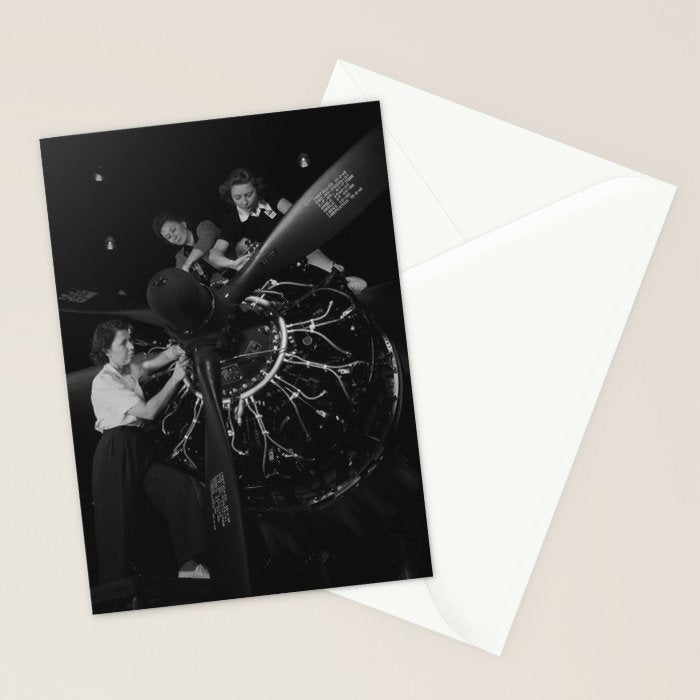 WWII aircraft engine installation by female workers inspirational black and white photograph   Stationery Card Gallery Image 2