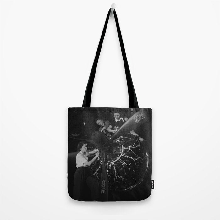 WWII aircraft engine installation by female workers inspirational black and white photograph   Tote Bag Gallery Image 2