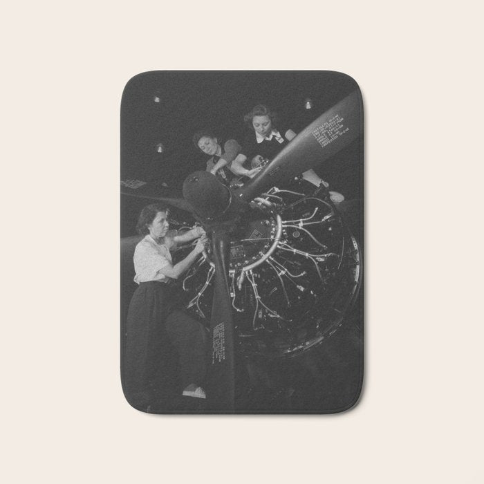 WWII aircraft engine installation by female workers inspirational black and white photograph   Bath Mat Gallery Image 1