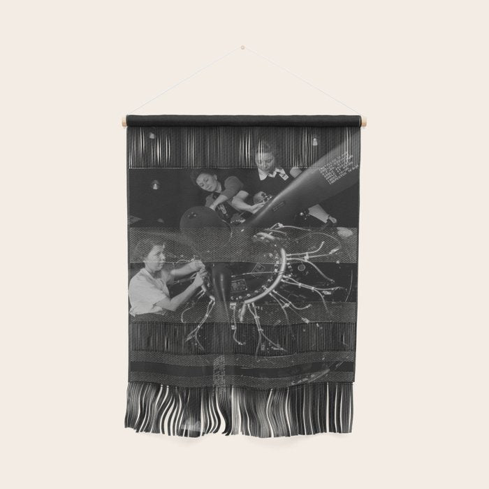 WWII aircraft engine installation by female workers inspirational black and white photograph   Wall Hanging Gallery Image 1