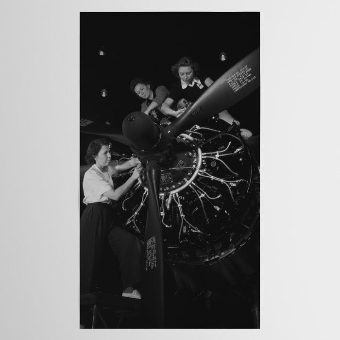 WWII aircraft engine installation by female workers inspirational black and white photograph   Tablecloth Gallery Image 2