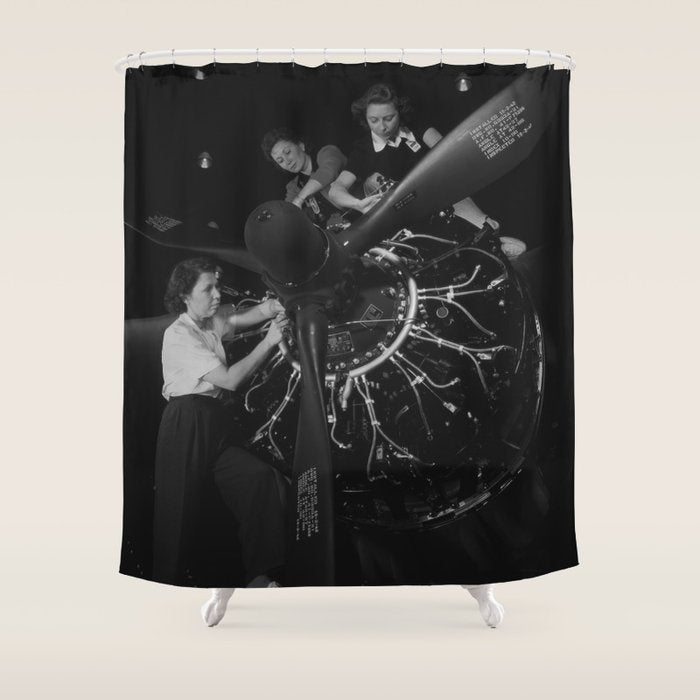 WWII aircraft engine installation by female workers inspirational black and white photograph   Shower Curtain Gallery Image 1