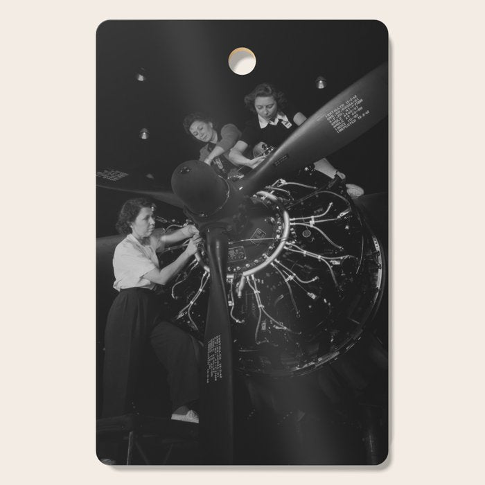WWII aircraft engine installation by female workers inspirational black and white photograph   Cutting Board Gallery Image 1