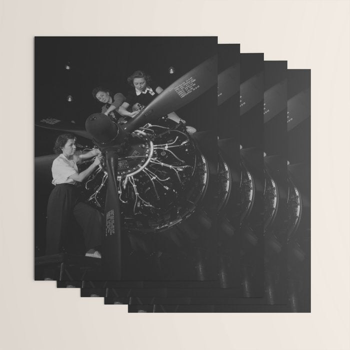 WWII aircraft engine installation by female workers inspirational black and white photograph   Wrapping Paper Gallery Image 3