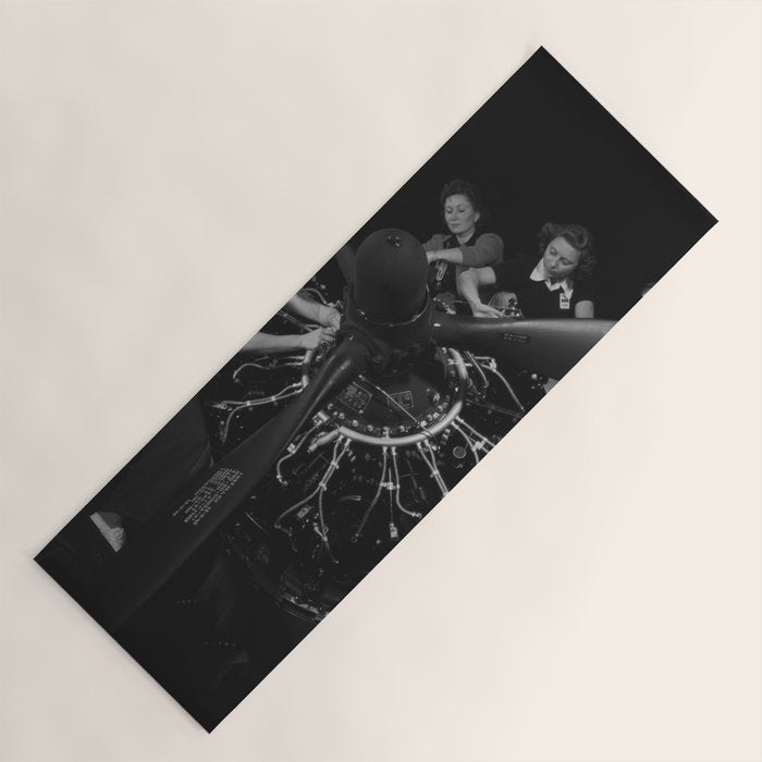 WWII aircraft engine installation by female workers inspirational black and white photograph   Yoga Mat Gallery Image 1