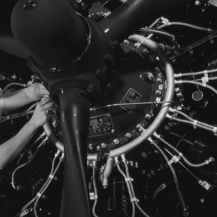 WWII aircraft engine installation by female workers inspirational black and white photograph   Coffee Mug Gallery Image 2