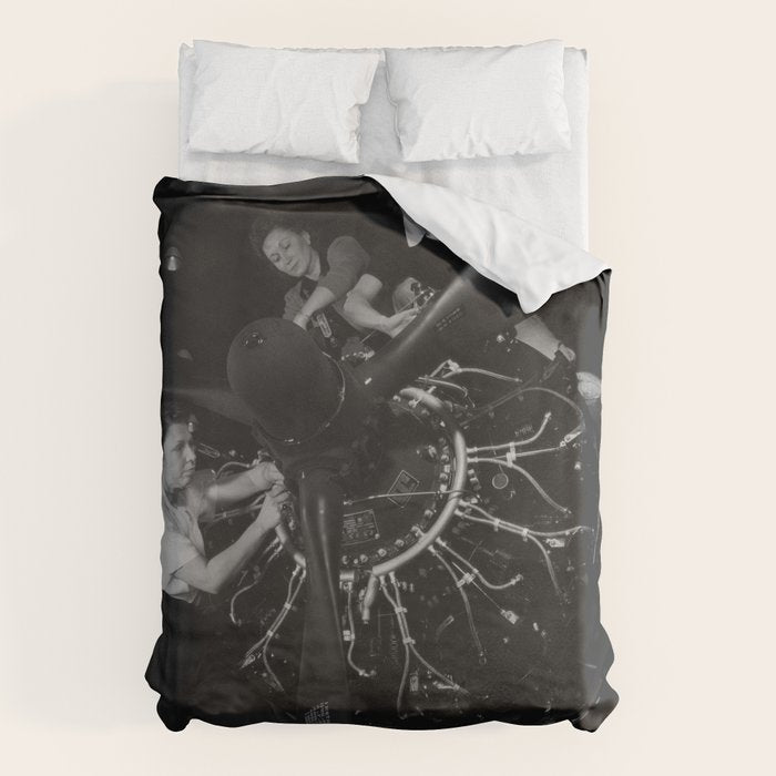 WWII aircraft engine installation by female workers inspirational black and white photograph   Duvet Cover Gallery Image 1