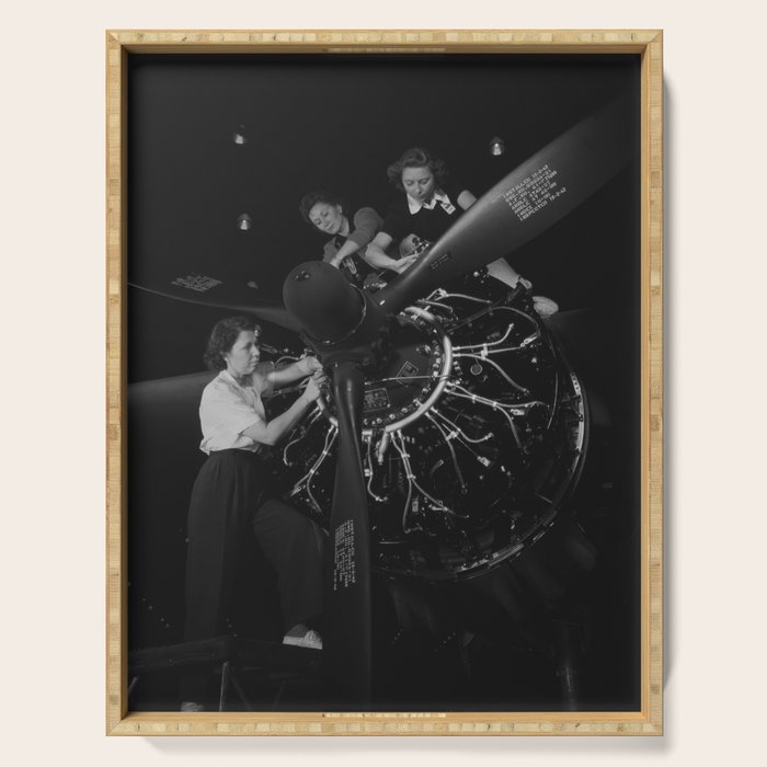 WWII aircraft engine installation by female workers inspirational black and white photograph   Serving Tray Gallery Image 1