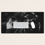 WWII aircraft engine installation by female workers inspirational black and white photograph   Desk Mat Gallery Image 1