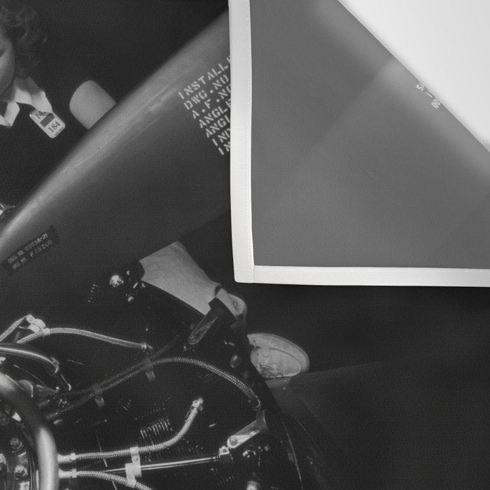 WWII aircraft engine installation by female workers inspirational black and white photograph   Wall Tapestry Gallery Image 3