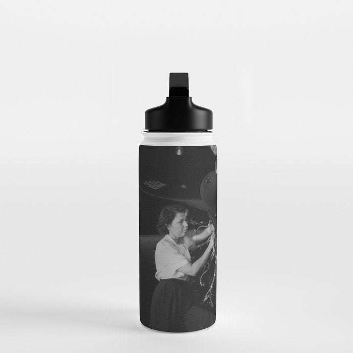 WWII aircraft engine installation by female workers inspirational black and white photograph   Water Bottle Gallery Image 3