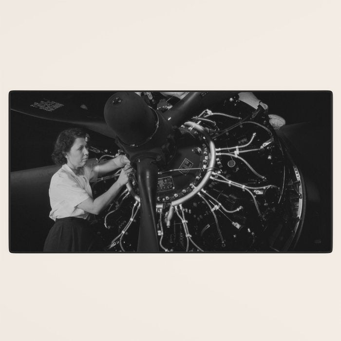 WWII aircraft engine installation by female workers inspirational black and white photograph   Desk Mat Gallery Image 3