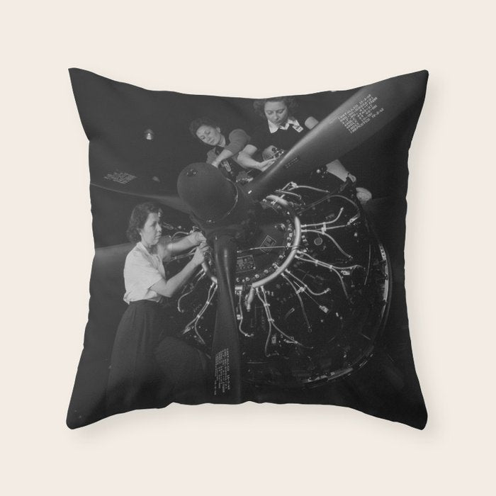 WWII aircraft engine installation by female workers inspirational black and white photograph   Throw Pillow Gallery Image 1
