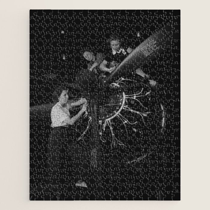 WWII aircraft engine installation by female workers inspirational black and white photograph   Jigsaw Puzzle Gallery Image 1